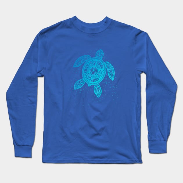 Boho Tiki Teal Sea Turtle with Bubbles Long Sleeve T-Shirt by Jitterfly